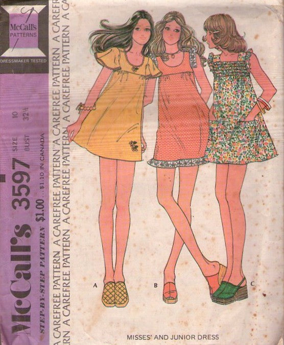 McCall's 3597 Vintage 70's Sewing Pattern Babydoll Dress, Mini Smock Top, Hippie Sun Dress, 3 Styles Size 10