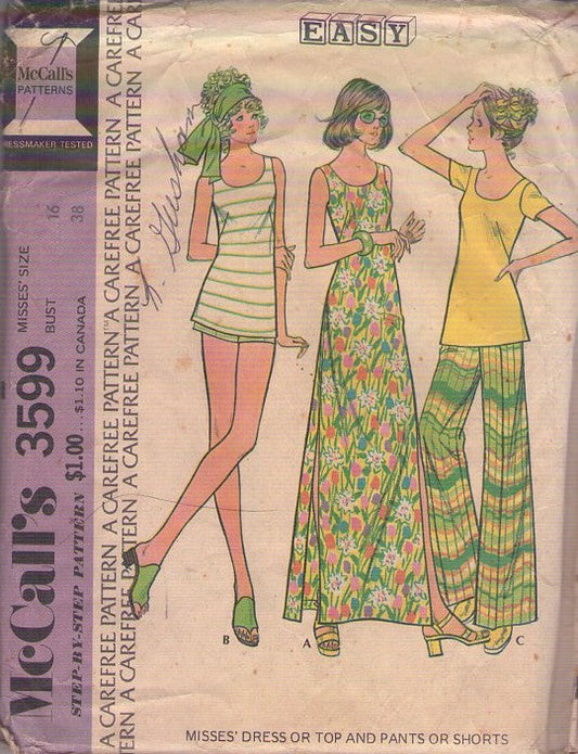 McCall's 3599 Vintage 70's Sewing Pattern Summer Separates, Scoop Neck Tank Top, Shirt, Shorts, Pleated Pants, Cruise Lounge Dress Size 16
