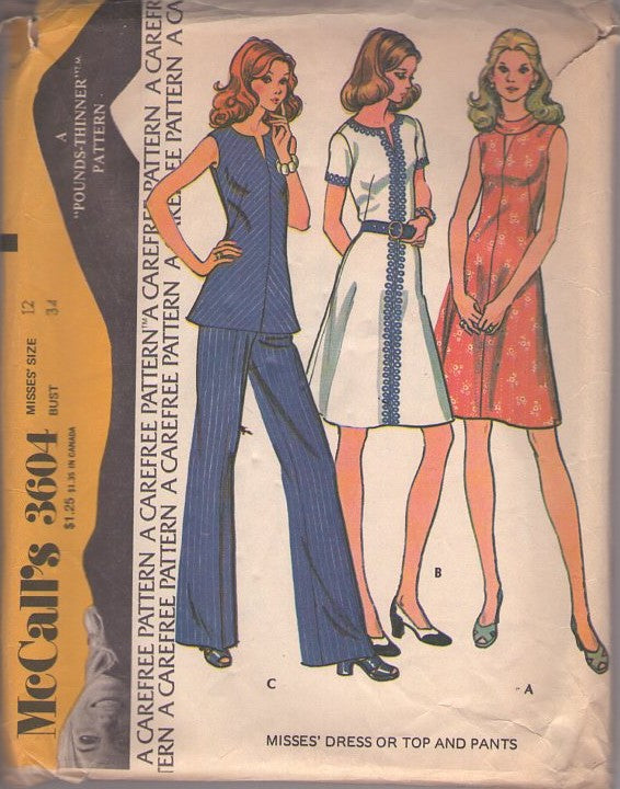 McCall's 3604 Vintage 70's Sewing Pattern Secretary Dresses, Carefree, Slit Keyhole Peekaboo Neck, Bias Tunic Top Shirt & Pants, Pantsuit Size 12