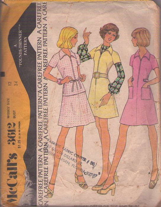 McCall's 3612 Vintage 70's Sewing Pattern Mod Separates, Secretary Front Zippered Blouse, Top, Mini Flared Skirt and Dress with Pockets Size 12