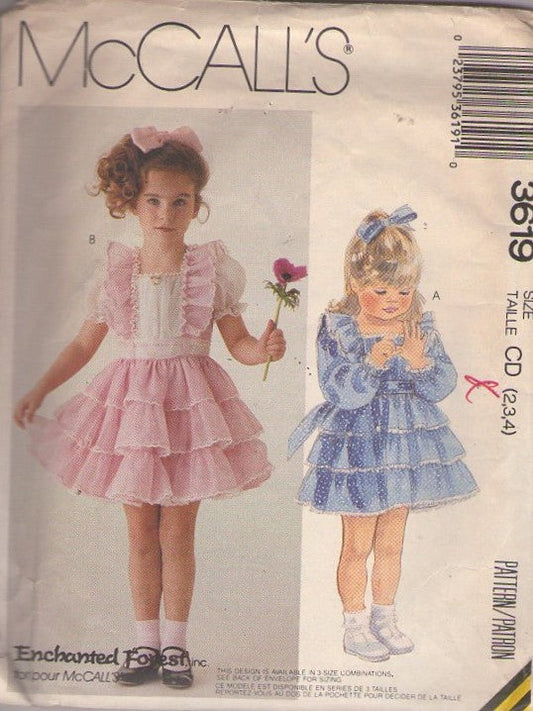 McCall's 3619 Vintage 80's Sewing Pattern Girls' Frilly Dresses, Enchanted Forest Fancy Tiered Ruffles Party Dress, Pinafore Look, 2 Styles Size 2-4