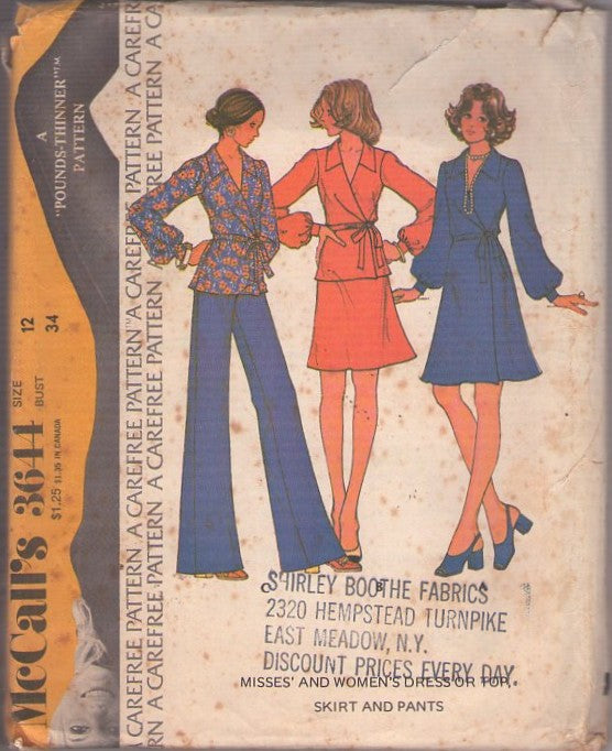 McCall's 3644 Vintage 70's Sewing Pattern Wrap Around Dress, Disco Secretary, Front Wrap, Flared Party Dress, Blouse, A-Line Skirt, Flared Leg Pants Size 12