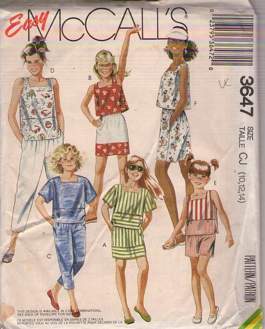 McCall's 3647 Vintage 80's Sewing Pattern Girl's Easy Summer Separates, Crop Top Shirt, Skirt, Shorts, Capri Pants Size 10-14