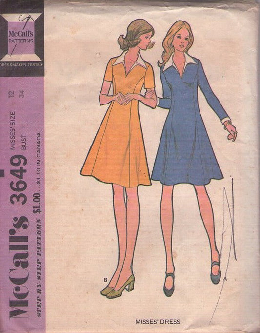 McCall's 3649 Vintage 70's Sewing Pattern Secretary Dress, V Neck, Collar, Princess Seams, Fit & Flared Size 12