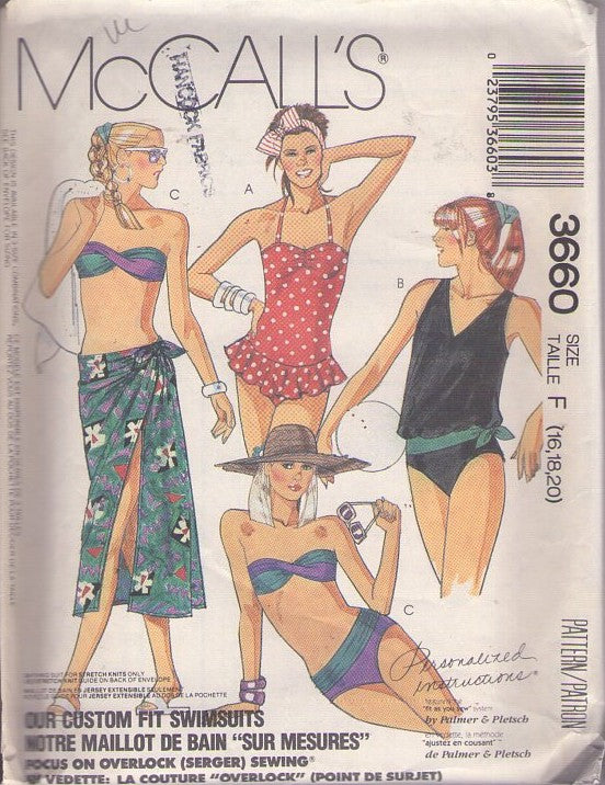 McCall's 3660 Vintage 80's Sewing Pattern Swimsuits & Pareo, Custom Fit, Pinup Halter, Twisted Bandeau Bikini Top, Bottoms, Sarong Skirt, 3 Styles & Cover Up Size 16-20