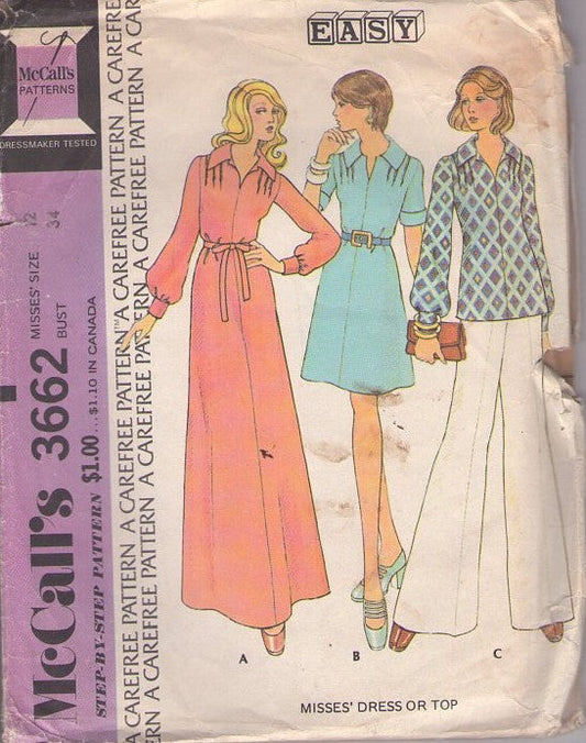 McCall's 3662 Vintage 70's Sewing Pattern Secretary Dress, Top, Easy Pullovers, Disco Short Dress, Maxi Gown, Blouse Size 12