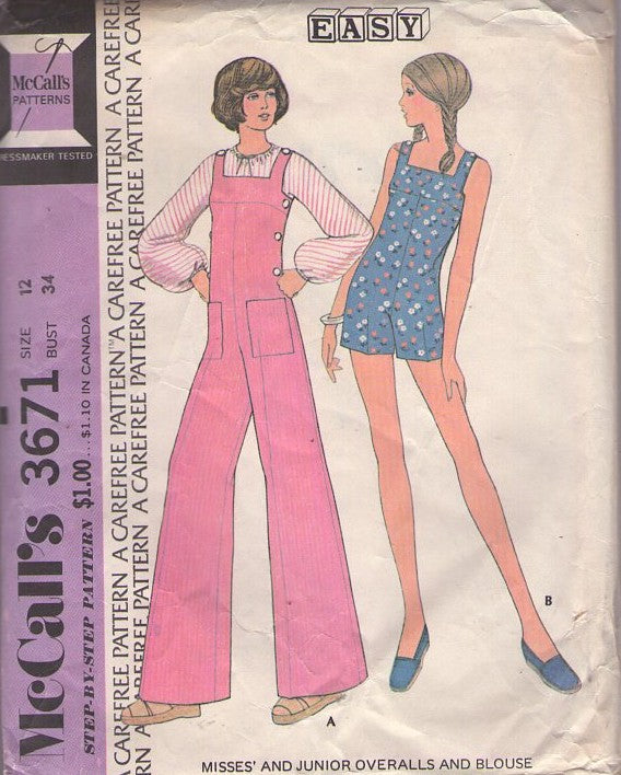 McCall's 3671 Vintage 70's Sewing Pattern Mod Overalls, Summer Sunsuit, Romper, Side & Shoulder Buttons Coveralls, Blouse Size 12
