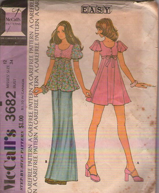 McCall's 3682 Vintage 70's Sewing Pattern Hippie Smock Top, Boho Mini Dress, Button Yoke, Flutter or Puff Sleeves Size 12