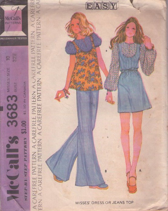 McCall's 3683 Vintage 70's Sewing Pattern Boho Dress, 2 Piece Look Smock Top, Blouse, Contrast Fabrics Size 10