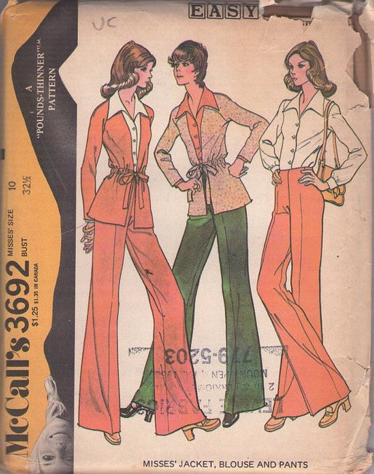 McCall's 3692 Vintage 70's Sewing Pattern Easy Separates, Secretary Wing Pointed Collar Blouse, Flared Leg Pants, Drawstring Waist Jacket Top Size 10