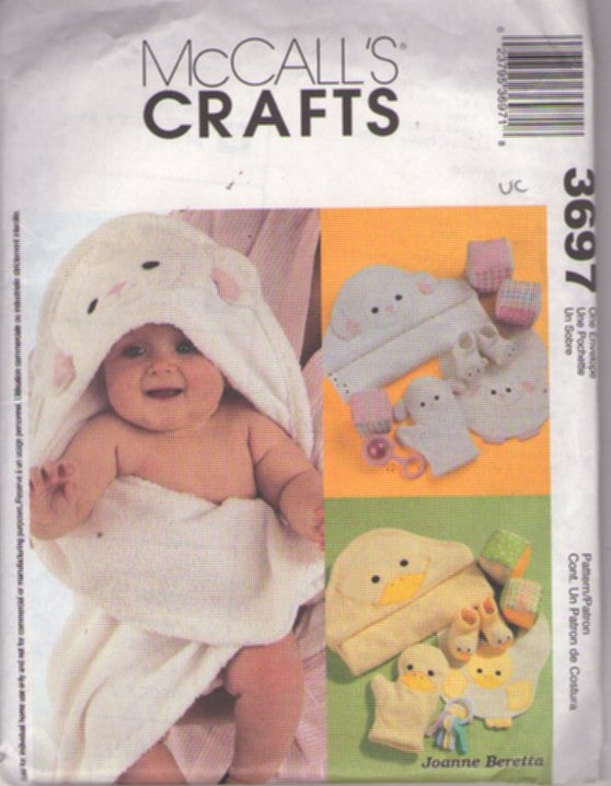 McCall's 3697 Retro 2002 Sewing Pattern Baby Bath Set, Designer Joanne Beretta Adorable Baby Animal Face Hooded Corner Bath Towel, MITs, Booties, Bib Set