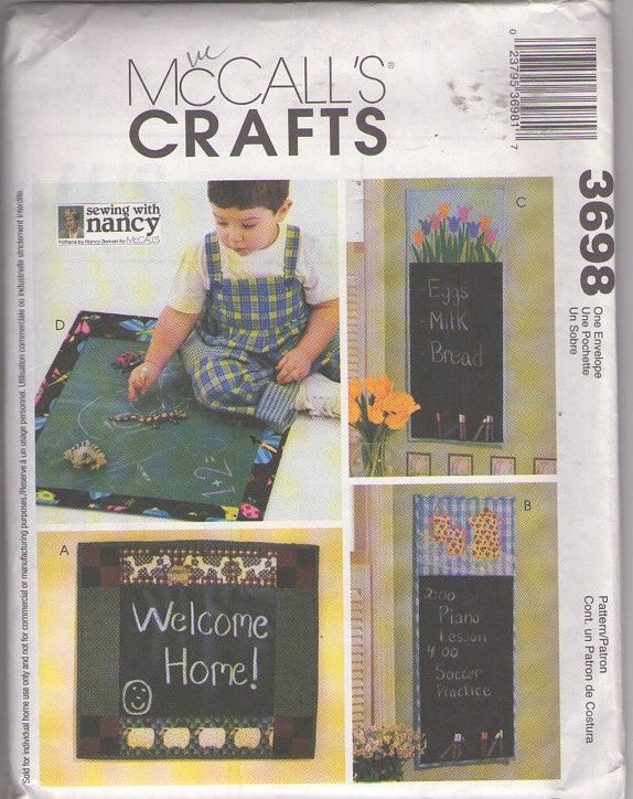 McCall's 3698 Retro 2002 Sewing Pattern Teacher Crafts, Country Living, Sewing with Nancy DIY Chalkboard Wall Hanging Art, Child's Sanitized Area Play Mat Playmat One Size