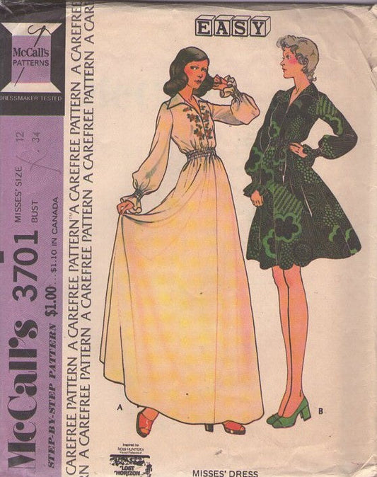 McCall's 3701 Vintage 70's Sewing Pattern Film Classics Dress Set, Inspired by Ross Hunter's Lost Horizon Full Skirt, Smocked Waist Dress, 2 Easy Styles Size 12