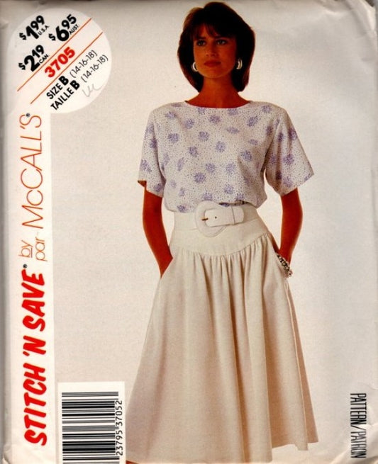 McCall's 3705 Vintage 80's Sewing Pattern Easy Stitch N Save Blouse, Flared Split Skirt Culottes, Gauchos Pants with Hip Yoke Size 14-18