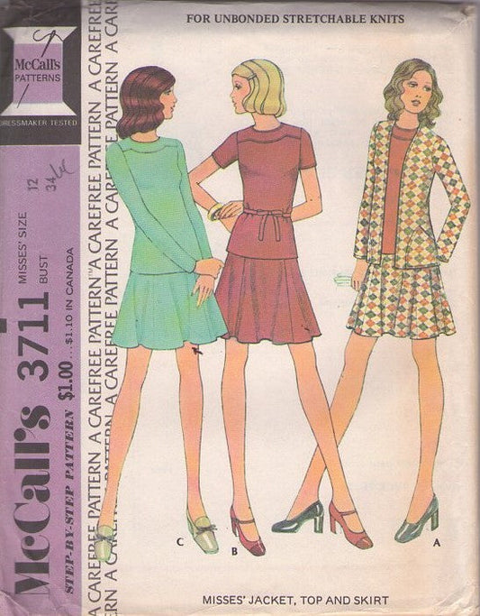 McCall's 3711 Vintage 70's Sewing Pattern Secretary Separates, Pullover Top Shirt, Flared Short Mini Skirt & Cardigan Jacket Size 12