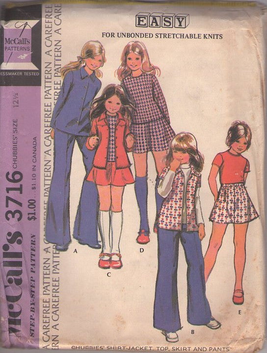 McCall's 3716 Vintage 70's Sewing Pattern Girls' Separates, Brady Bunch School Styles, Knits Top, Shirt, Skirt, Blouse Size 12.5