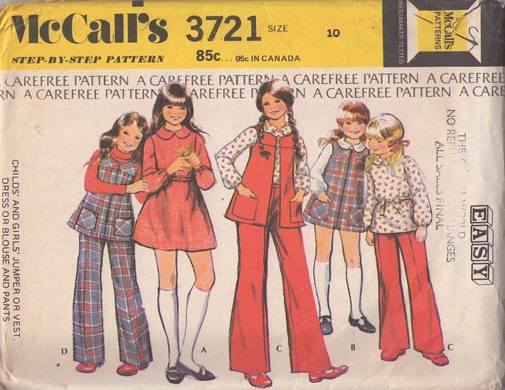 McCall's 3721 Vintage 70's Sewing Pattern Girls' School Separates, Easy Mix & Match, Brady Bunch Dress, Tunic Top Blouse, Jumper, Flared Pants Size 10