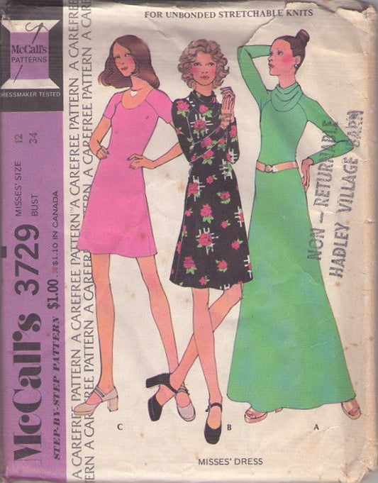 McCall's 3729 Vintage 70's Sewing Pattern Disco Dress Set, Minimalist Knits Scoop or Cowl Inset Neckline Raglan Sleeve Mini, Secretary, Maxi Dress Set 3 Styles Size 12