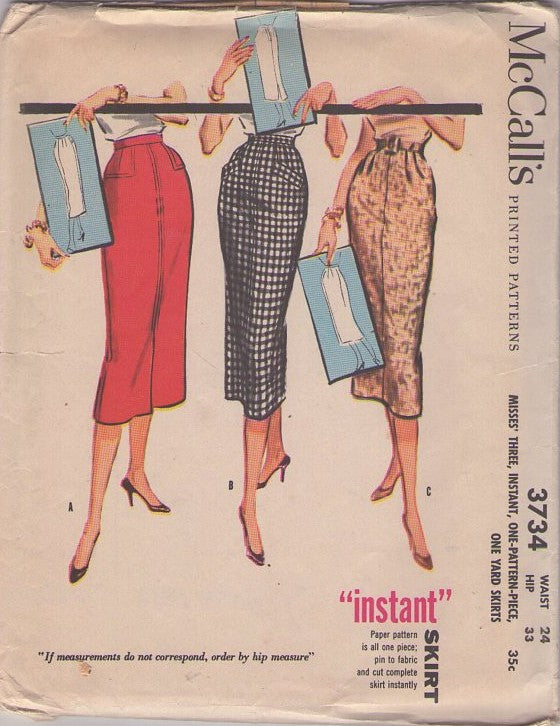 McCall's 3734 Vintage 50's Sewing Pattern Rockabilly Skirts, Slim Fit, Pinup Girl, Marilyn High Waisted Skirt Set Waist 24 Size S