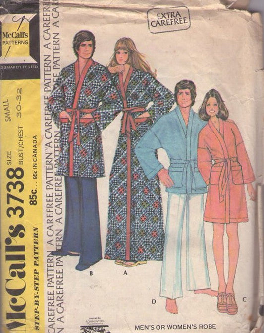 McCall's 3738 Vintage 70's Sewing Pattern Lounge Robes, Extra Carefree Inspired by Ross Hunters Lost Horizon Wrap Around Kimono Robe, Bathrobe Set, Spa Robe for Men & Women Size S