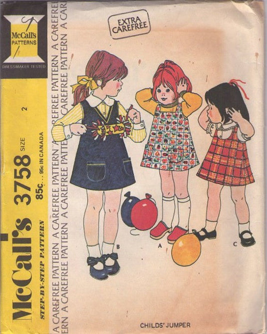 McCall's 3758 Vintage 70's Sewing Pattern Girls' Jumpers, Extra Carefree V, Scoop or Square Neck Jumper, Dress, 3 Styles Size 2