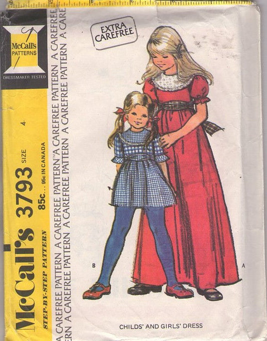McCall's 3793 Vintage 70's Sewing Pattern Girls' Dress, Round Yoke, Cottagecore, Tie Back Mini, Maxi Gown Size 4