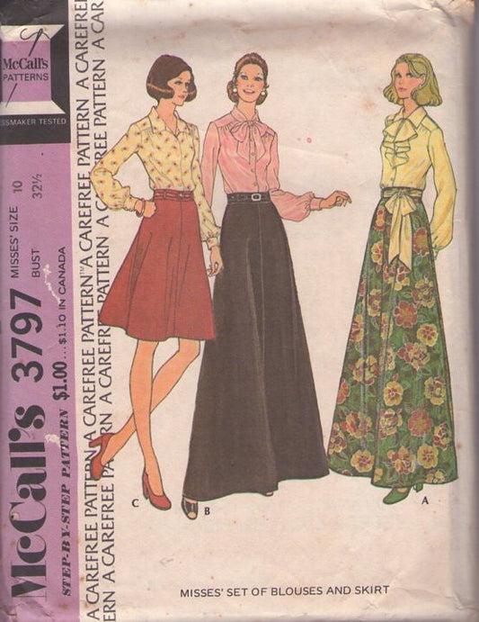 McCall's 3797 Vintage 70's Sewing Pattern Hostess Separates, Flared Holiday Party Maxi or Flared Skirt, Tie or Jabot Blouse Size 10