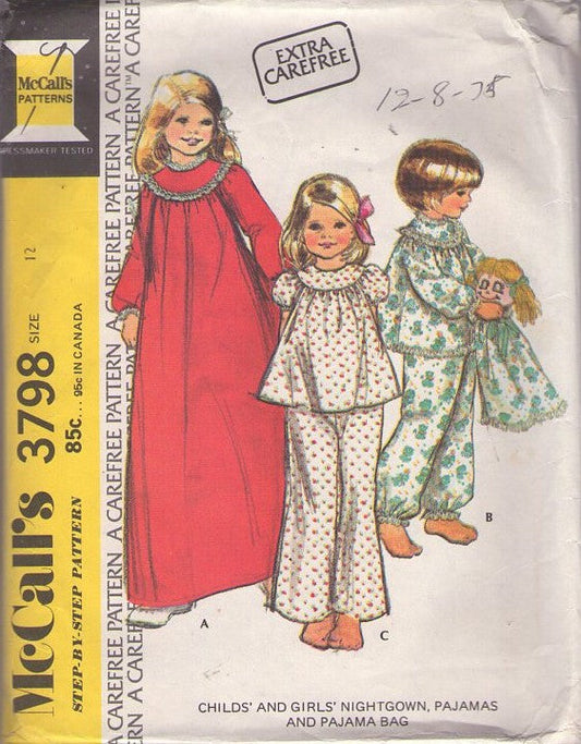 McCall's 3798 Vintage 70's Sewing Pattern Girls' Sleepwear, Long Winter Flared Nightgown, Puff or Long Sleeve Pajamas Top & Pants, PAJAMA BAG Doll Size 12