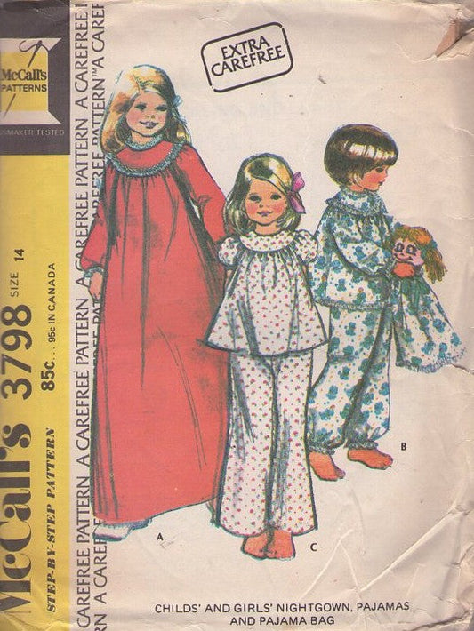 McCall's 3798 Vintage 70's Sewing Pattern Girls' Sleepwear, Long Winter Flared Nightgown, Puff or Long Sleeve Pajamas Top & Pants, PAJAMA BAG Doll Size 14