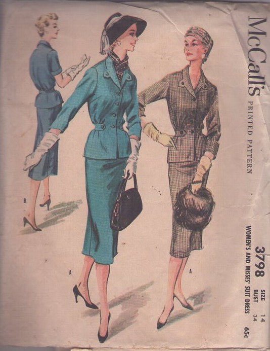 McCall's 3798 Vintage 50's Sewing Pattern Walking Suit, New Look Jacket Top, Sheath Skirt Size 14