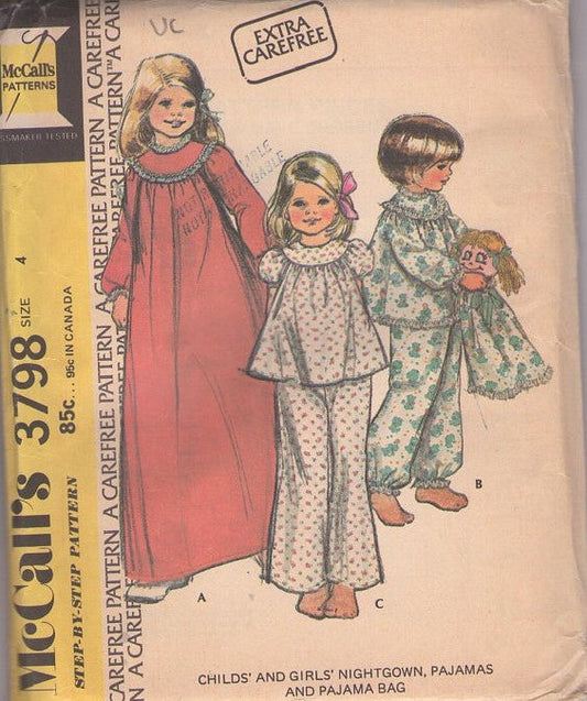 McCall's 3798 Vintage 70's Sewing Pattern Girls' Sleepwear, Long Winter Flared Nightgown, Puff or Long Sleeve Pajamas Top & Pants, PAJAMA BAG Doll Size 4