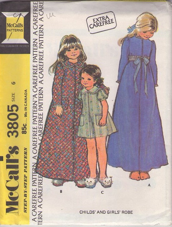 McCall's 3805 Vintage 70's Sewing Pattern Girls' Sleepwear, Easy Extra Carefree Girls Quilted Robe, Bathrobe, Duster House Coat, House Dress 3 Styles Size 6