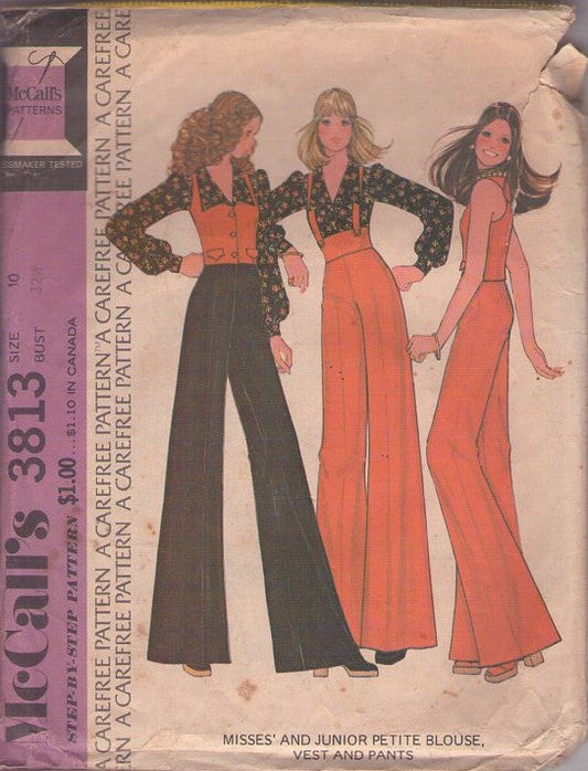 McCall's 3813 Vintage 70's Sewing Pattern Disco 3 Piece Suit, High Waist, Suspender Flared Bell Bottoms Pants, Wing Collar Blouse, Vest Size 10