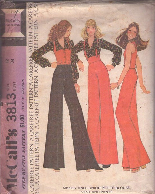 McCall's 3813 Vintage 70's Sewing Pattern Disco 3 Piece Suit, High Waist, Suspender Flared Bell Bottoms Pants, Wing Collar Blouse, Vest Size 12
