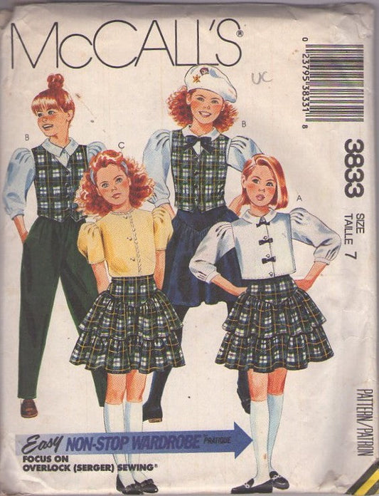 McCall's 3833 Vintage 80's Sewing Pattern Girls' School Separates, Uniform Style, Mix & Match Puffed Sleeve Blouse, Basque Yoked Tiered Skirt, Trousers Non Stop Wardrobe Size 7
