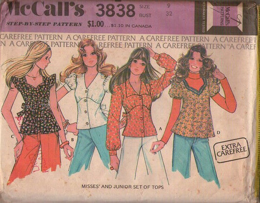 McCall's 3838 Vintage 70's Sewing Pattern Boho Blouse, Set of Tops, Pullover or Button Up, Cottagecore, Disco, 4 Styles Size 9
