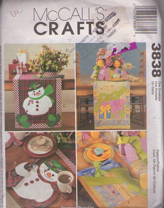 McCall's 3838 Retro 2002 Sewing Pattern Holiday Crafts, Snowman Christmas & Gift Party Table Settings by Joanne Beretta One Size