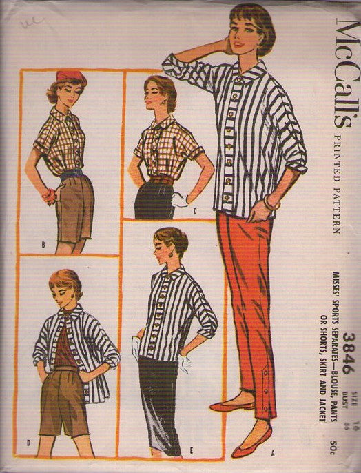 McCall's 3846 Vintage 50's Sewing Pattern Rockabilly Separates, Button Band, Dolman Sleeve Blouse Top, Walking Shorts, Pencil Skirt, Tapered Pants with Buttons Size 16