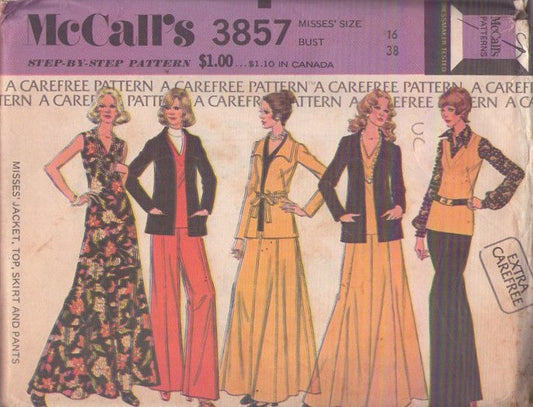 McCall's 3857 Vintage 70's Sewing Pattern Evening Separates, Extra Carefree, Gored Maxi Skirt, Vest Top, Blouse, Cardigan Jacket Size 16