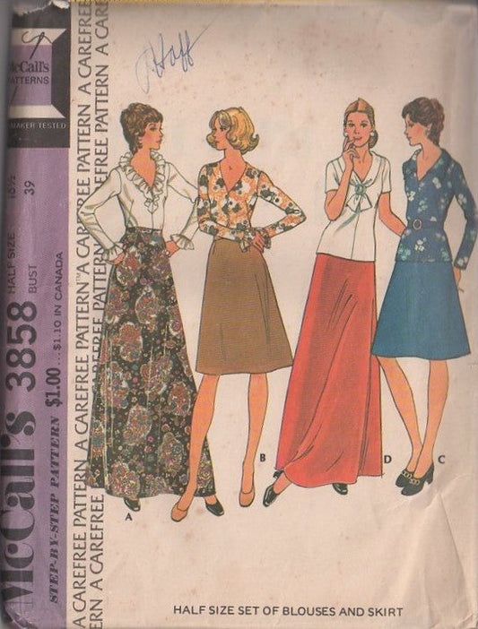 McCall's 3858 Vintage 70's Sewing Pattern Hostess Separates, Ruffles or Tie Collar V Neck Center Seam Back Zipper Blouse Set, 4 Styles, Faux Wrap A Line Skirts Size 16.5