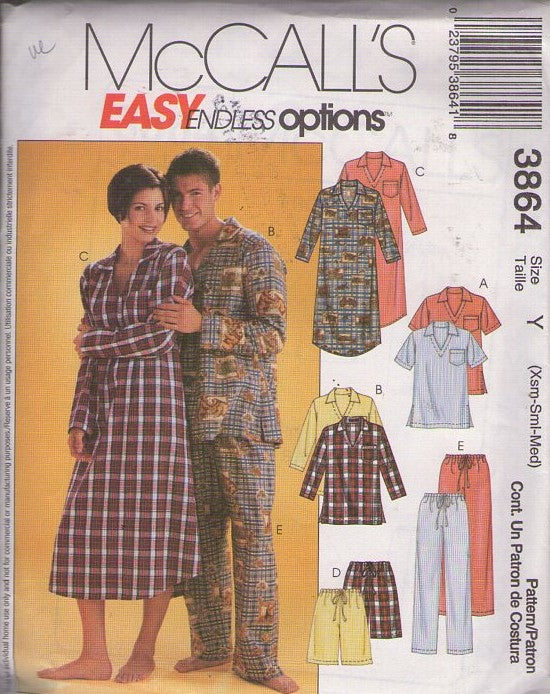 McCall's 3864 Retro 2002 Sewing Pattern Sleepwear Set, Easy Endless Options Pajamas Top, Boxer Shorts, Pants, Nightshirt, Nightgown for Men or Women Size XS-M