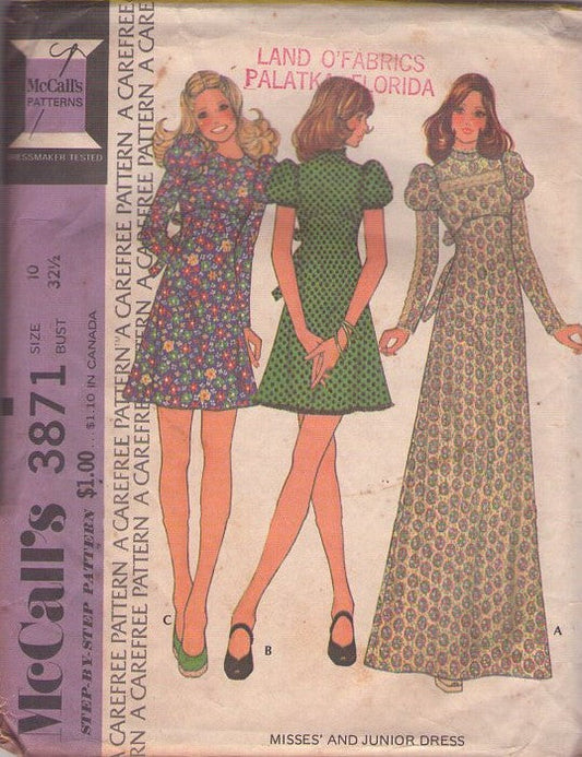 McCall's 3871 Vintage 70's Sewing Pattern Mod Mini Dress, Gunne Sax Cottagecore Style, Puff, Leg O'Mutton Sleeve Maxi Gown 3 Styles Size 10