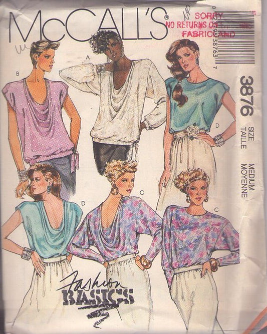 McCall's 3876 Vintage 80's Sewing Pattern Deep Scooped Cowl Neck or Back Top, Shirt, Blouson Blouse Size M