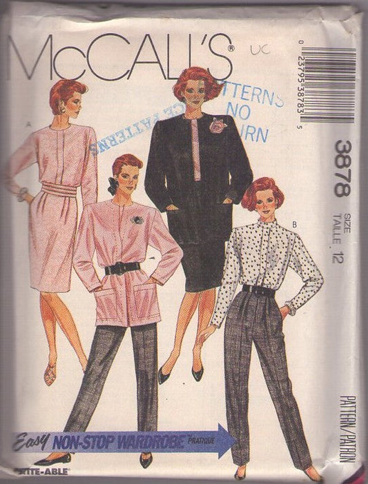 McCall's 3878 Vintage 80's Sewing Pattern Minimalist Separates, Easy Non Stop Wardrobe Boxy Oversized Cardigan Jacket, Pullover Blouse, Slim Sheath Skirt, High Waist Pleated Trousers Size 12
