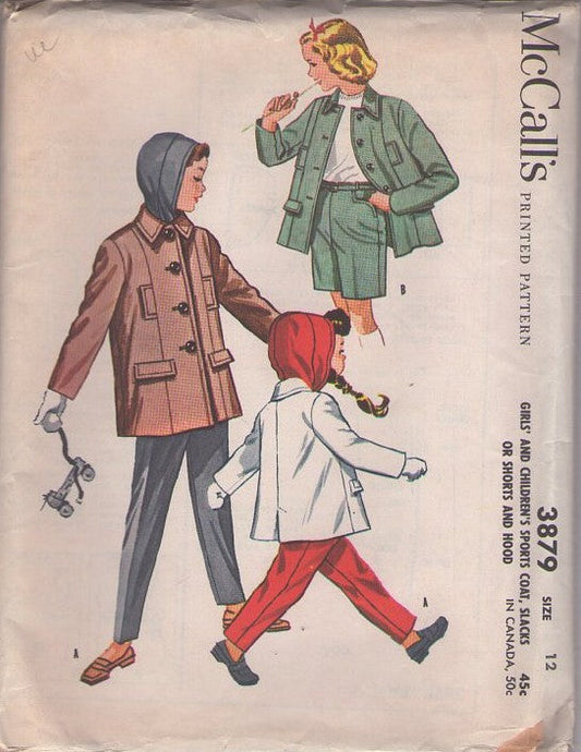 McCall's 3879 Vintage 50's Sewing Pattern Girls' Jackets, Tailored Sports Coat, Welt Pockets Jacket, Tuck in Hat Hood, Tapered Pants, Western Pocket Shorts Size 12