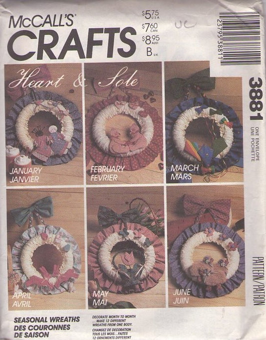 McCall's 3881 Vintage 80's Sewing Pattern Holiday Crafts, Fabric Wreath for all Seasons, Heart & Sole One Size
