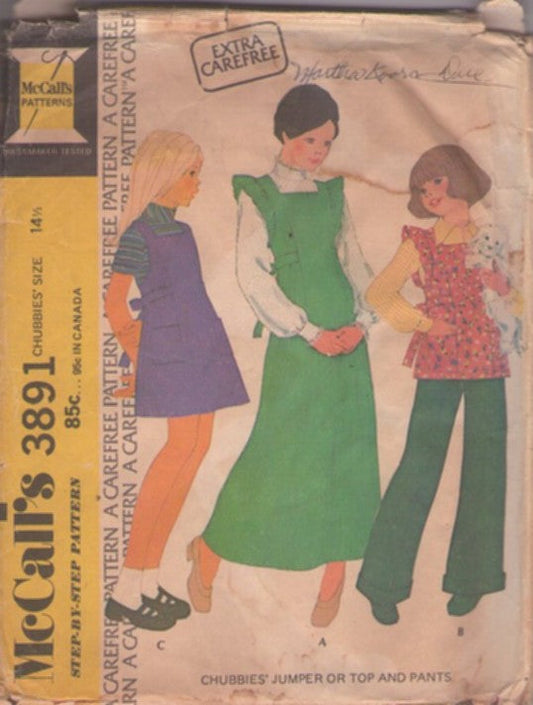 McCall's 3891 Vintage 70's Sewing Pattern Girls' Pinafore Jumper, Blouse Top, Dress 3 Styles Size 14.5