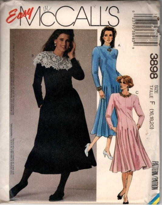 McCall's 3898 Vintage 80's Sewing Pattern Easy Pleated, Drop Waist Dress, Victorian Laura Ashley Styles Size 16-20
