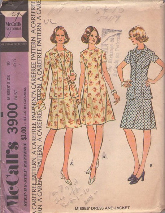 McCall's 3900 Vintage 70's Sewing Pattern Mod Dress, Jacket Set, Fit & Flared Princess Seamed Dress, Cardigan Shirt Jacket Cover Up Size 10