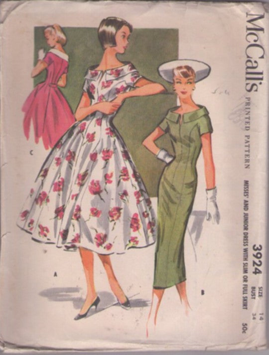 McCall's 3924 Vintage 50's Sewing Pattern Rockabilly Dress, Party Gown, Lucy Full Flared Cocktail Party Dress, Shoulder Framing Cuffed Collar Sheath Pencil Wiggle Style Dress Size 14